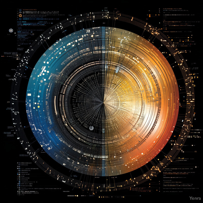 A circular shape with a gradient of colors and various shapes and symbols.