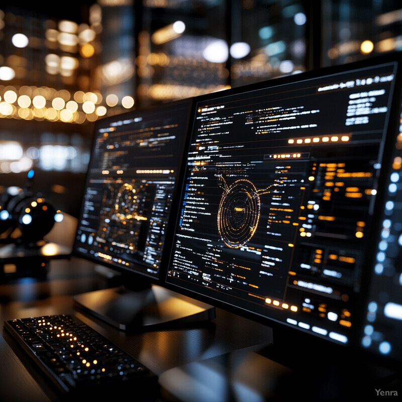 The image shows a detailed incident response plan in action, with three monitors displaying different aspects of the plan and a keyboard and mouse on the desk.