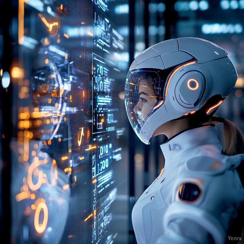 A woman in a white spacesuit gazes at an illuminated screen displaying scientific data.