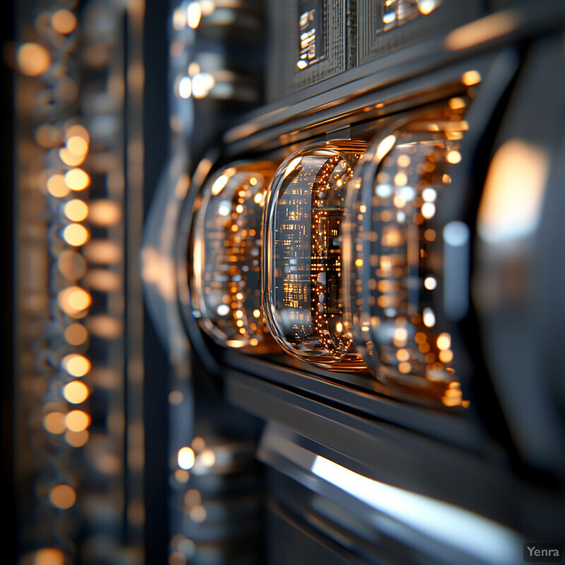 A close-up view of an electronic device with illuminated components and intricate design.