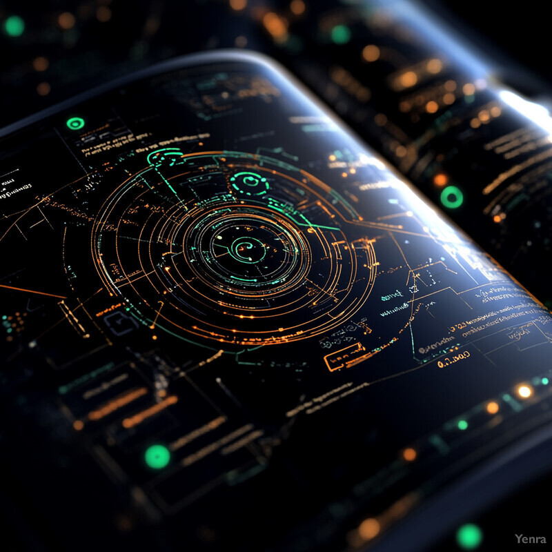 An abstract representation of a futuristic interface featuring a central circular graphic surrounded by smaller icons and text elements.