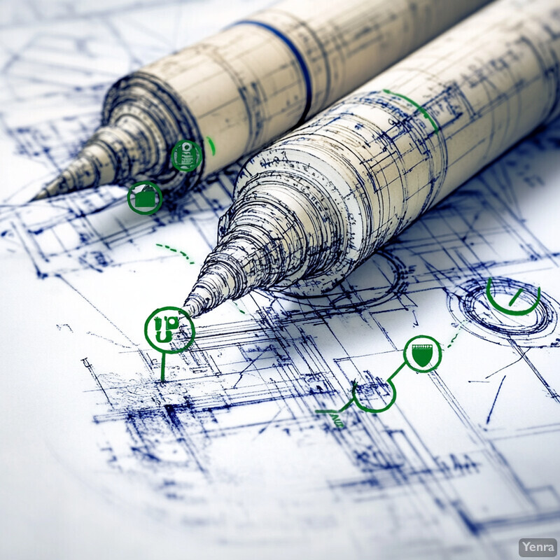 Two rolled-up blueprints on top of a blueprint with intricate details and lines.