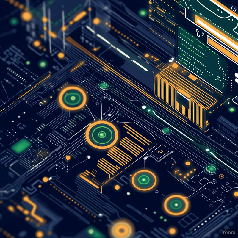 An illustration of a computer motherboard featuring intricate details and various components.