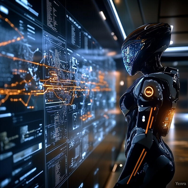 A humanoid robot stands in front of a large screen displaying data or code in a futuristic laboratory or control room.