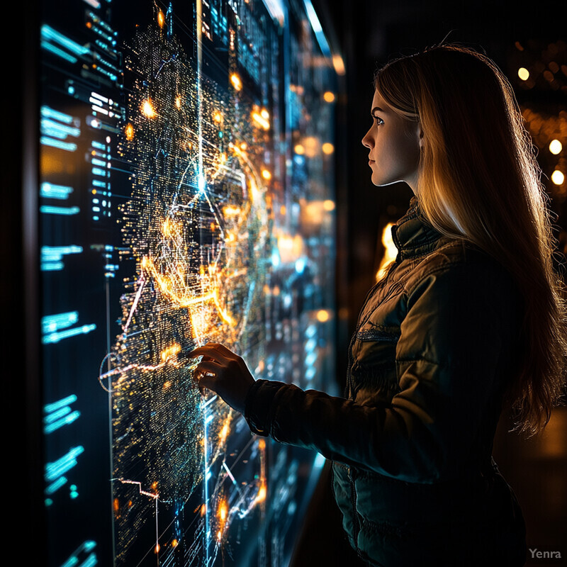 A woman stands in front of a large screen displaying a city map, interacting with it and navigating the city.