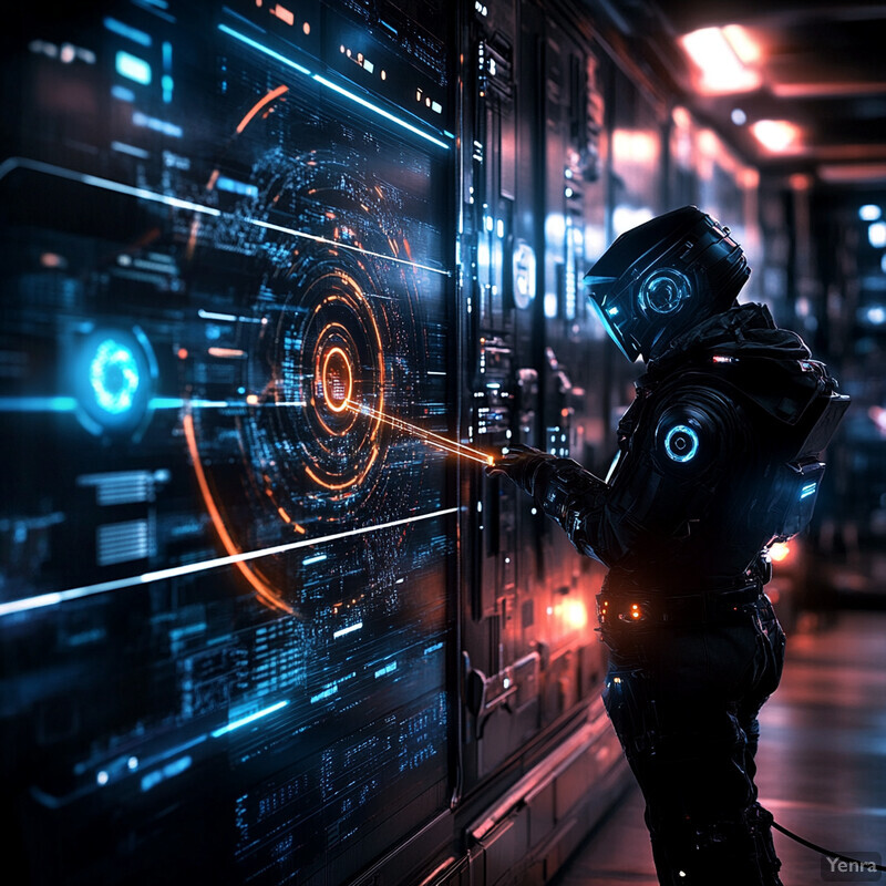 A person in a black spacesuit is using a large screen as a control panel or interface for some kind of technology.