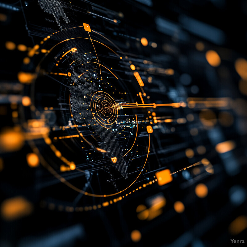 An abstract data visualization featuring a globe or map surrounded by graphs and charts in a blue and orange color scheme.