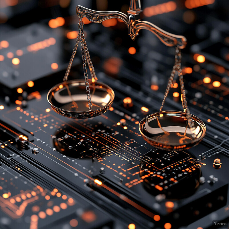 An abstract representation of risk scoring and prioritization featuring balancing scales on a black circuit board.