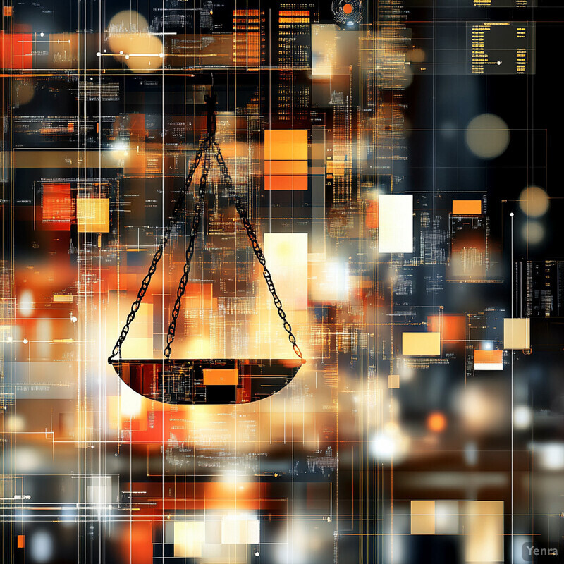 The image represents risk scoring and prioritization through a complex visual representation of a scale and various shapes and symbols.