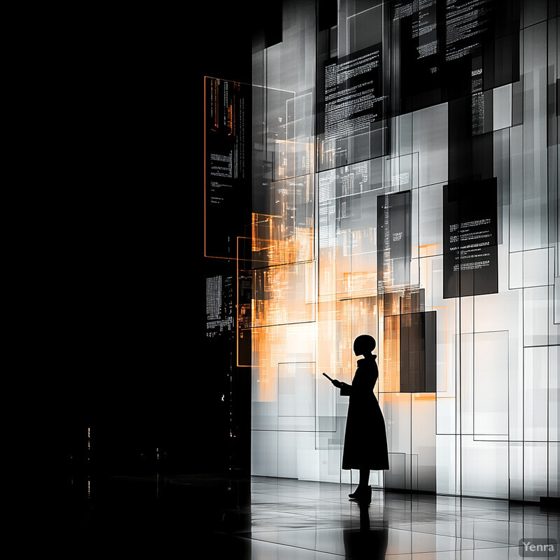 A woman stands in front of a wall covered with screens displaying various information.