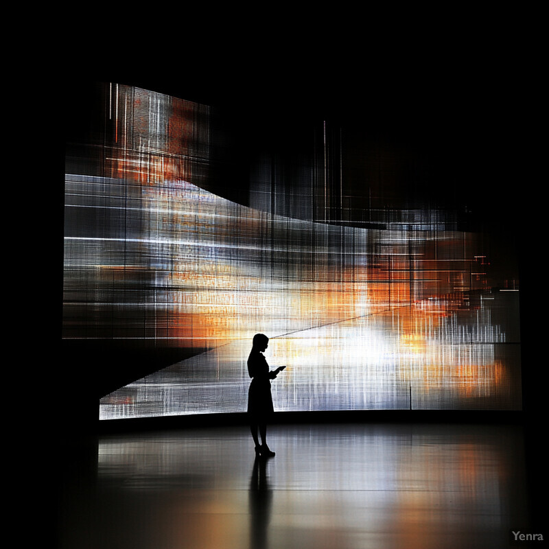 A woman stands in front of a large screen displaying an abstract design, holding a tablet.