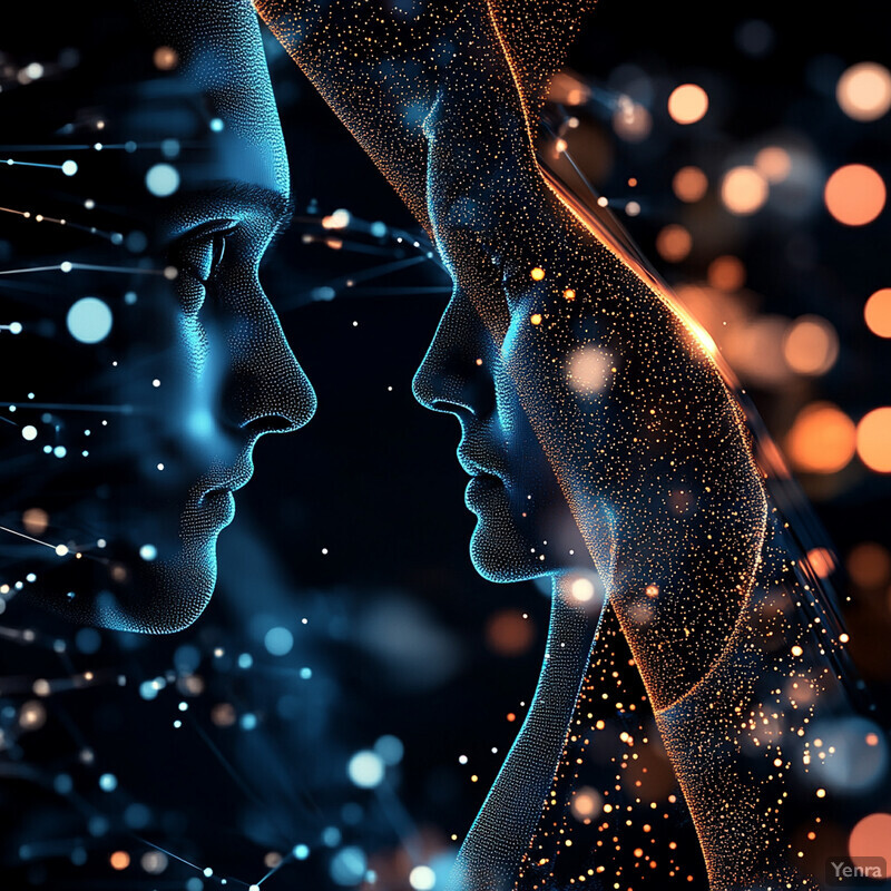 Two human faces facing each other in profile, with a futuristic and technological feel.