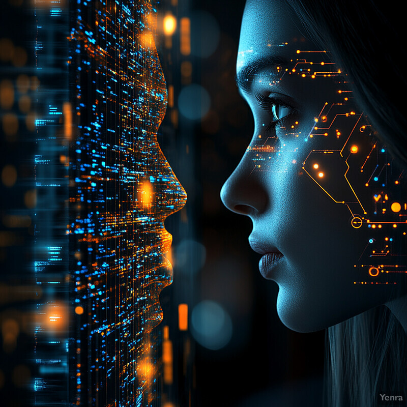 A woman's face is merged with a futuristic interface, creating an intriguing blend of technology and humanity.