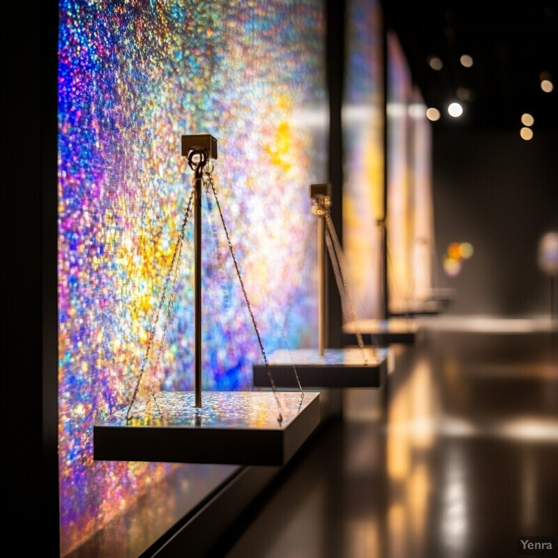 A visually striking image of three identical displays mounted on black shelves against a background of multicolored lights.