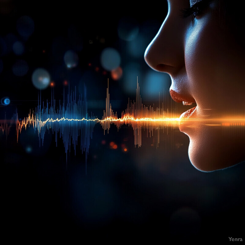 A woman's face with an audio waveform emanating from her mouth, suggesting she is speaking or singing into a microphone.