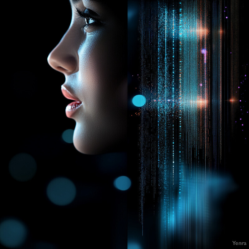 A striking image featuring a woman's face alongside a realm of digital code, highlighting the contrast between the physical world and the digital realm.