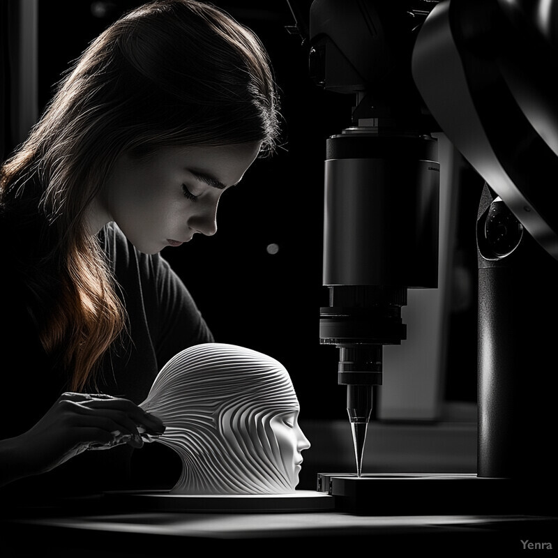 A woman works on a 3D sculpture of a human head in a studio or workshop setting.