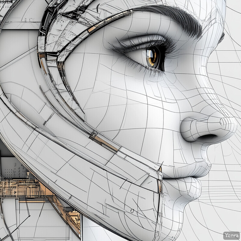 An abstract rendering of a human face with stylized features and intricate lines.