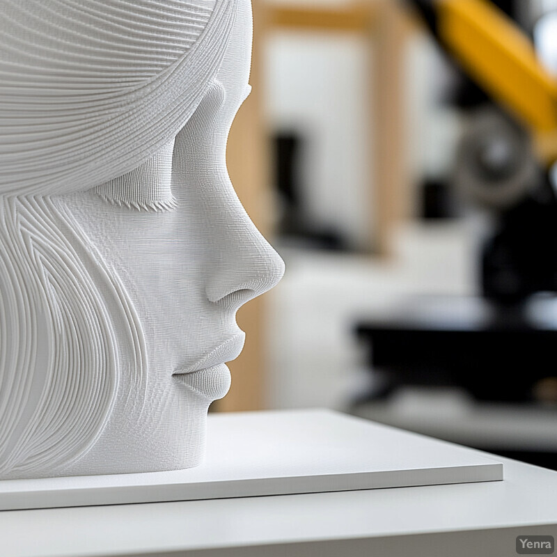 A white sculpture of a human head on a table in an art gallery or studio setting.