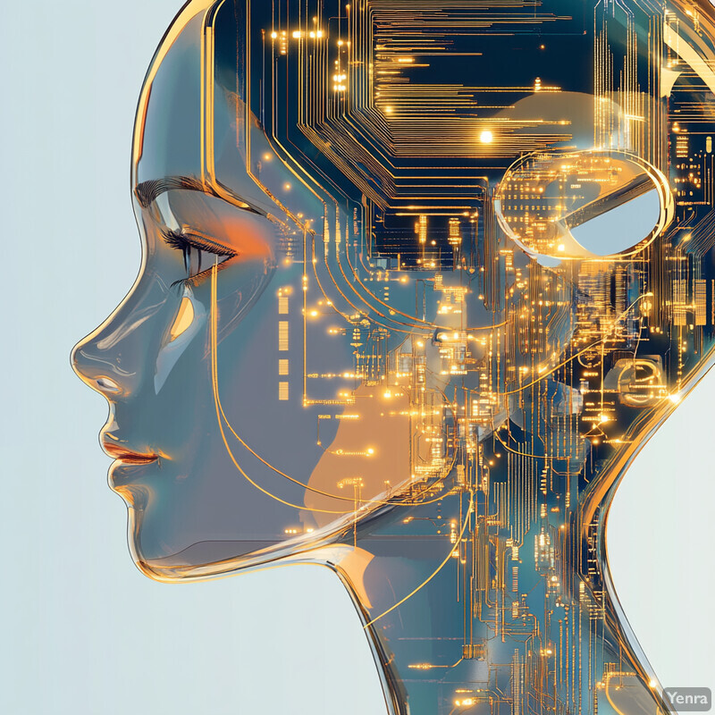 A woman's head is depicted in a futuristic and high-tech manner, with her profile facing left.