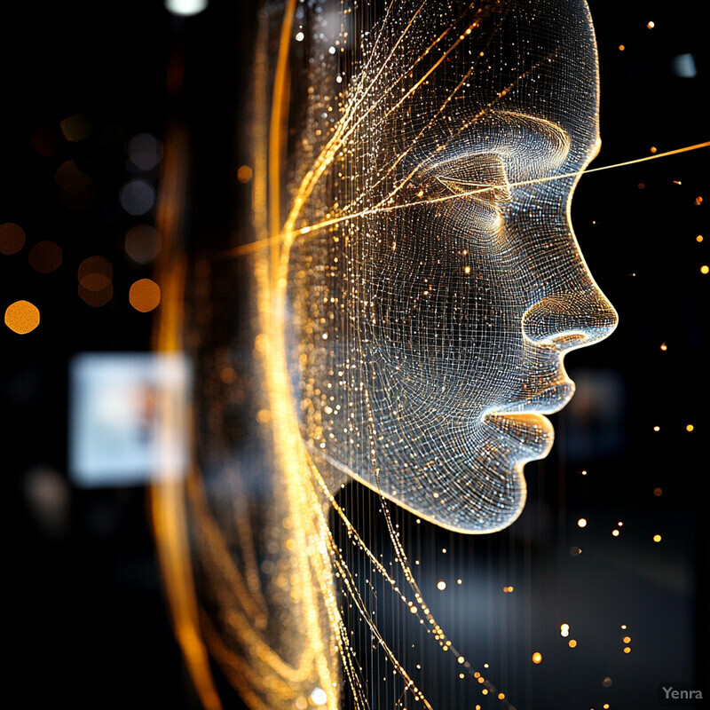 A striking visual representation of a face with a gold-colored wireframe overlay, set against a black background.