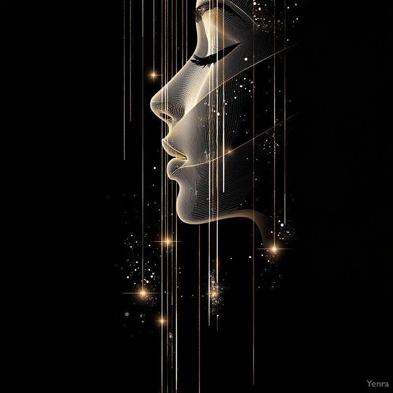 A stylized illustration of a woman's face with intricate geometric patterns and gold accents on a black background.