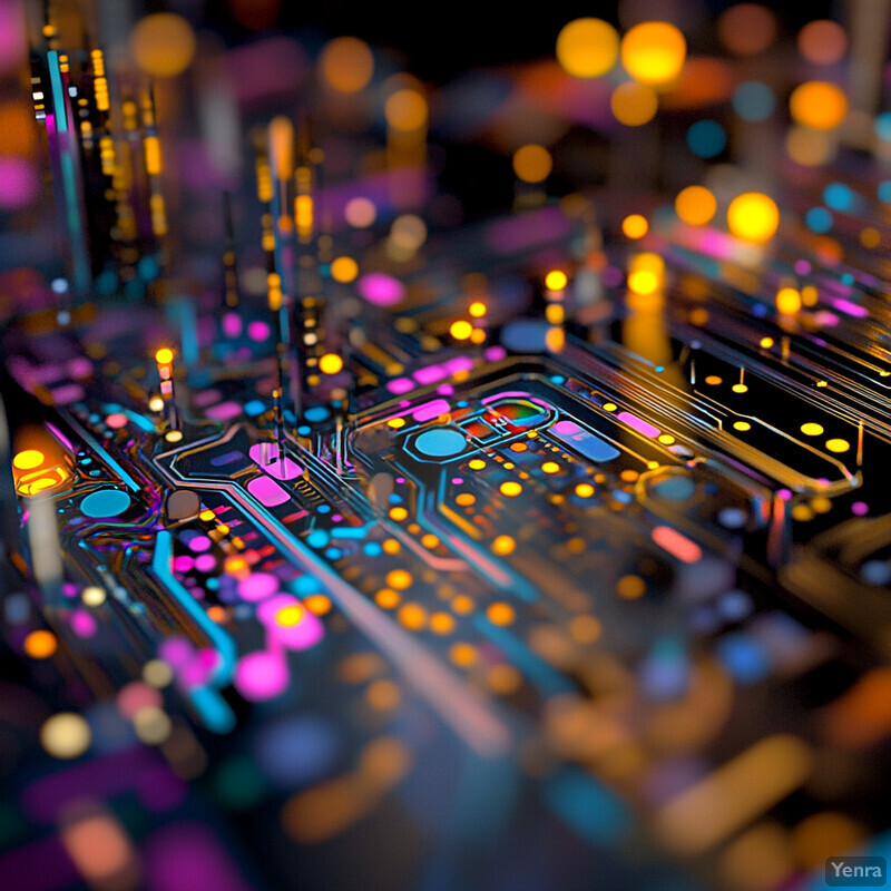 A vibrant and complex circuit board with various components connected by wires, set against a dark background.