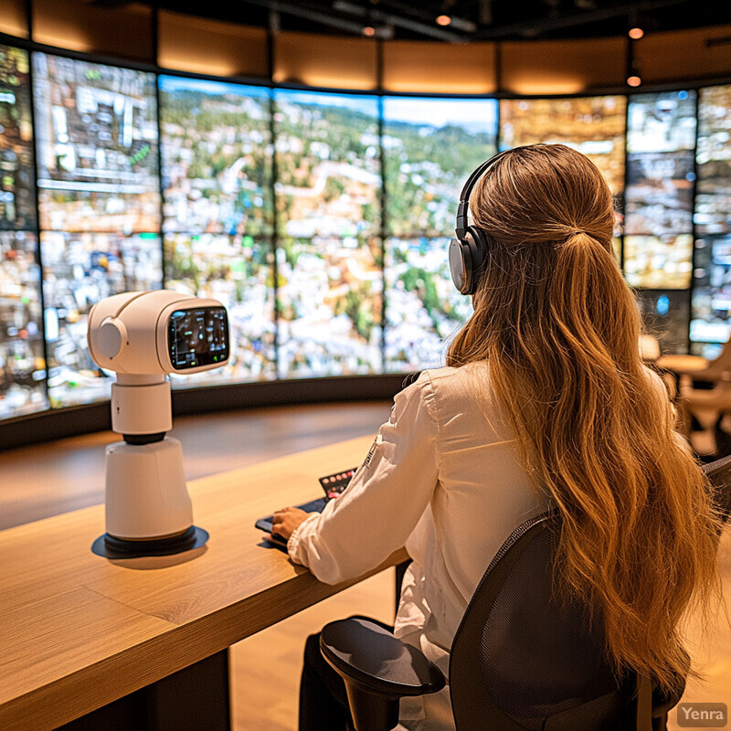 A woman sitting at a desk looking at a large screen with headphones on.