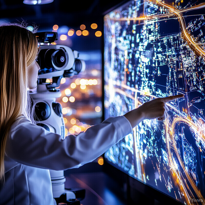 A woman points to a screen displaying a map of a city at night in an office or laboratory setting.