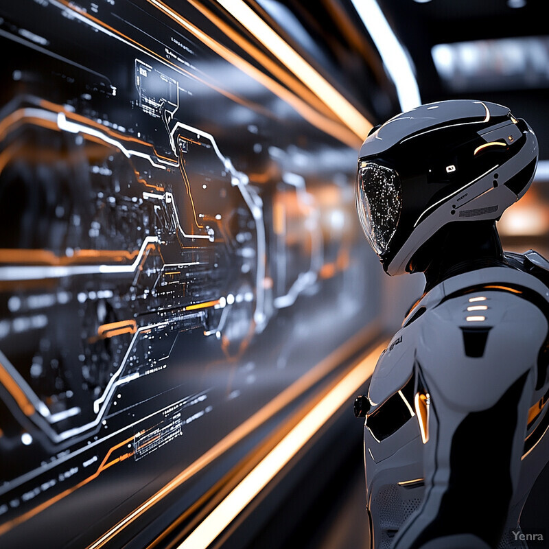 A futuristic scene featuring a humanoid robot standing in front of a large screen displaying various lines and symbols.