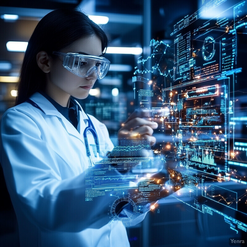 A woman in a lab coat stands in front of a large screen displaying data visualizations, likely interacting with the information.