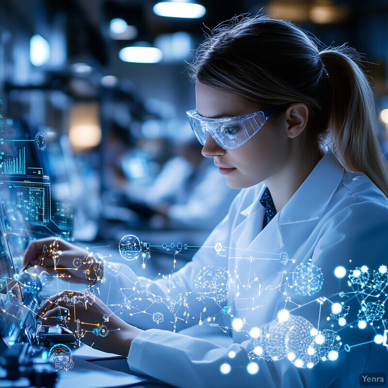 A woman in a lab coat working on a computer surrounded by various tools and equipment.