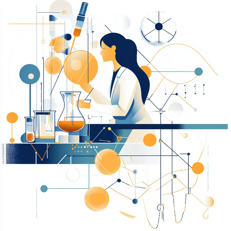 A scientist or researcher in a lab coat is surrounded by scientific equipment and tools.