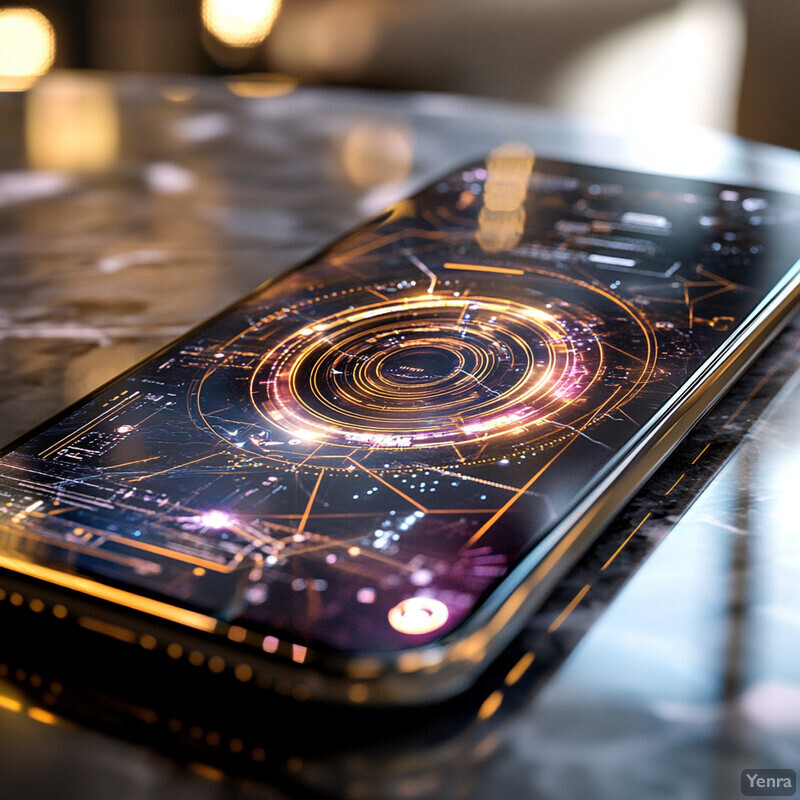 A smartphone with a futuristic graphic on its screen.