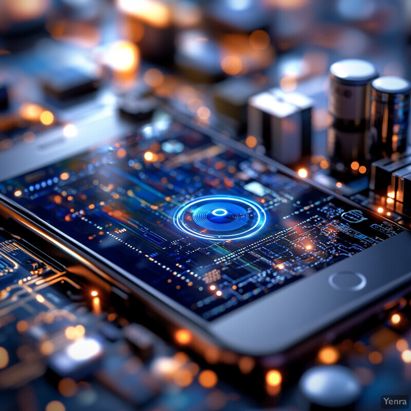 A smartphone is placed on top of a circuit board or motherboard, showcasing advanced technology and innovation.