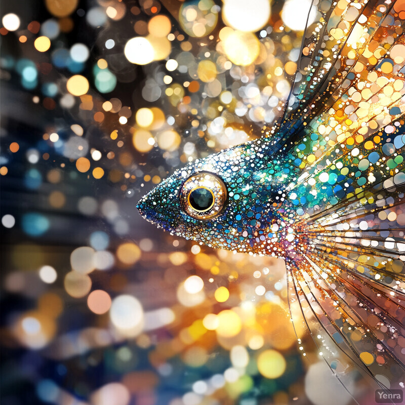 An abstract representation of a fish with shimmering scales in various colors against a dark and blurry background.