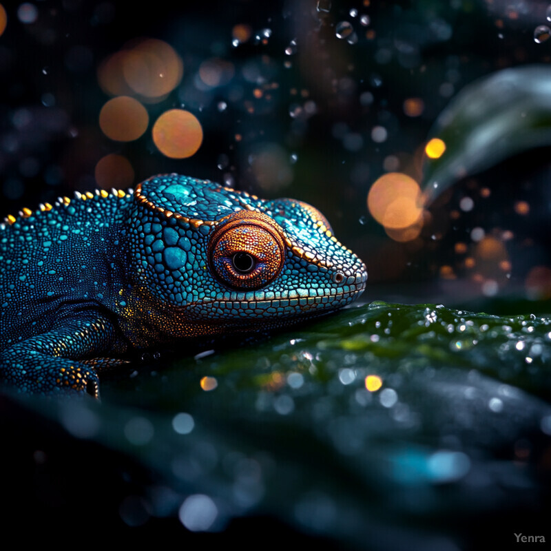 A vibrant blue chameleon with orange accents is perched on a green leaf in a natural setting.