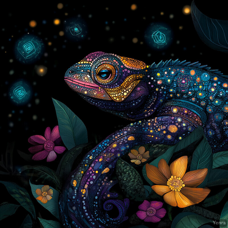 A colorful and detailed painting of a chameleon in a fantastical setting.