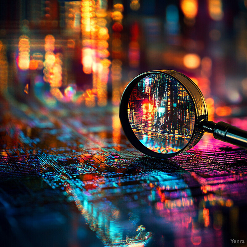 A magnifying glass examines an abstract cityscape at night.