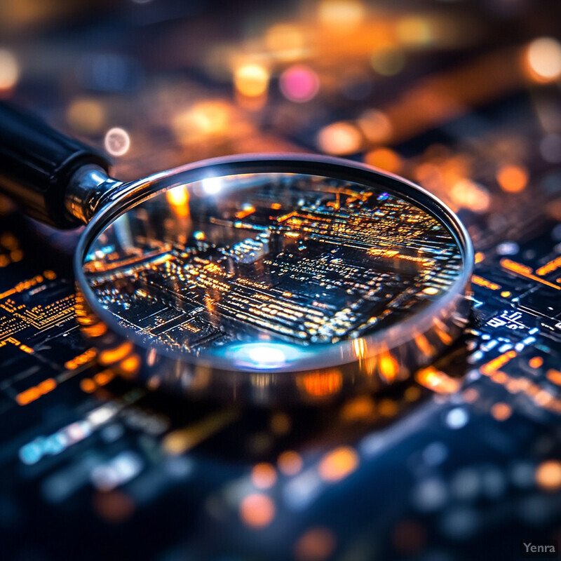 A magnifying glass is placed on top of a circuit board, highlighting the intricate details of the electronic components.