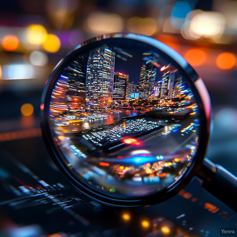 A cityscape at night, captured through a circular lens with a shallow depth of field.