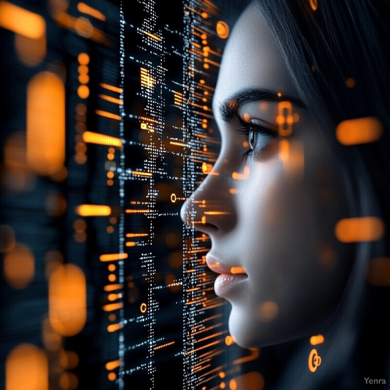 A woman is engaged in coding activity, gazing at an abstract digital representation of binary code projected on a screen.