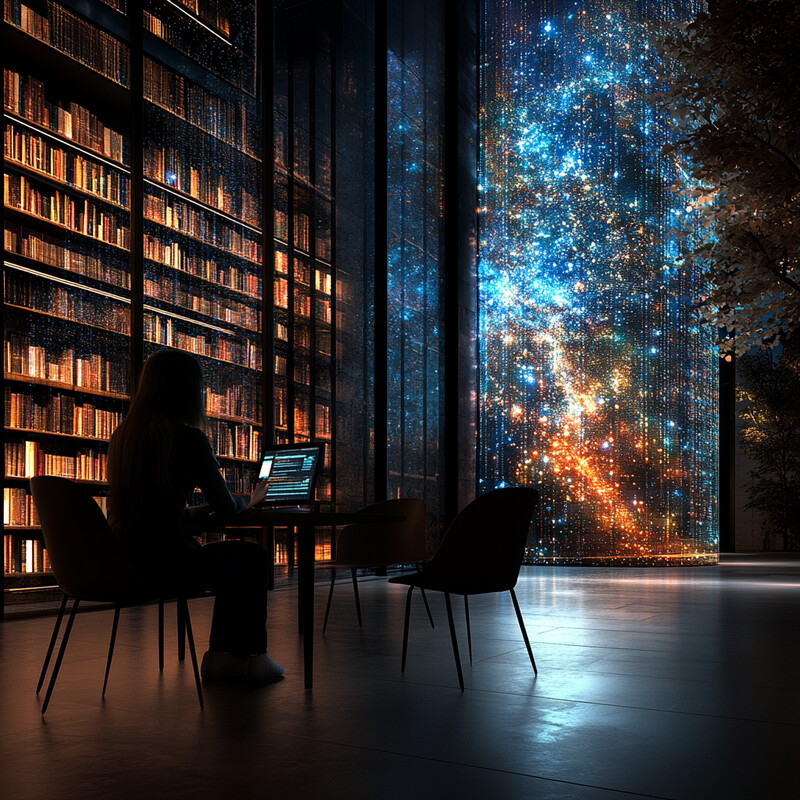 A woman sits in front of an open laptop, surrounded by bookshelves filled with volumes of various sizes and colors, creating a serene and scholarly atmosphere.