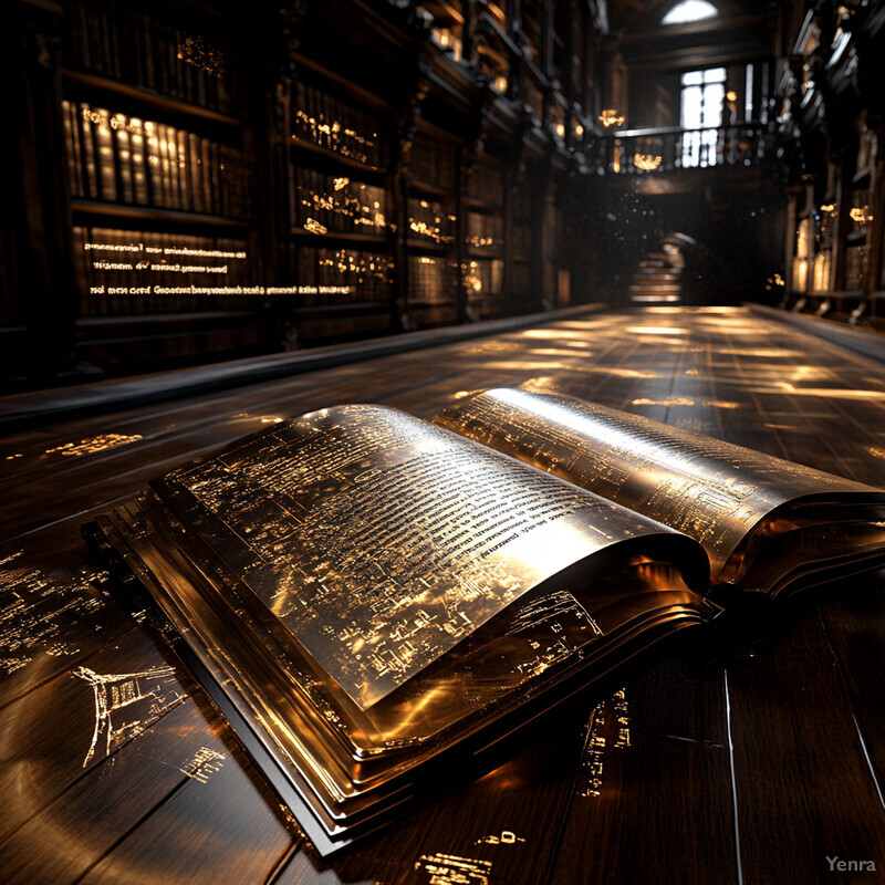 An open book lies on a wooden table in a grand library with high ceilings and rows of shelves lined with books.