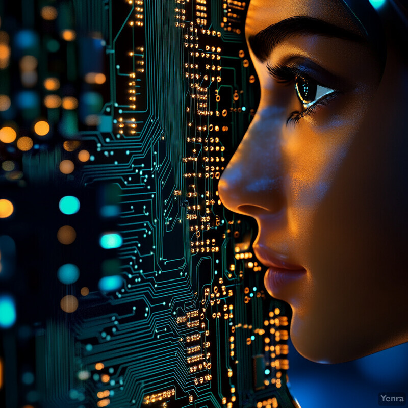 A woman's face is seamlessly integrated with a complex circuit board design, creating an otherworldly effect that blends the organic beauty of the human form with the cold precision of electronic circuitry.