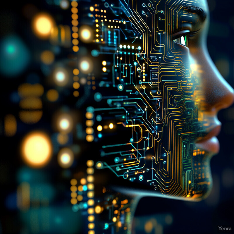 A woman's face with a circuit board overlay, creating an intriguing contrast between technology and human emotion.