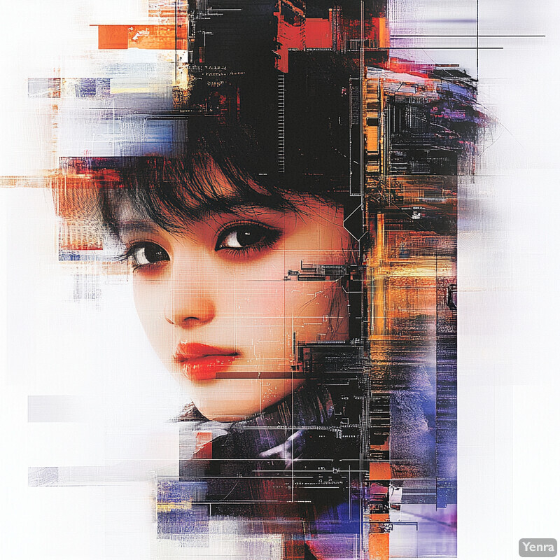 A digital artwork featuring a woman's face with abstract shapes and lines, creating a modern and sophisticated composition.