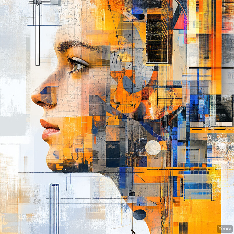 A digital artwork featuring a woman's face amidst a collage of shapes and colors.