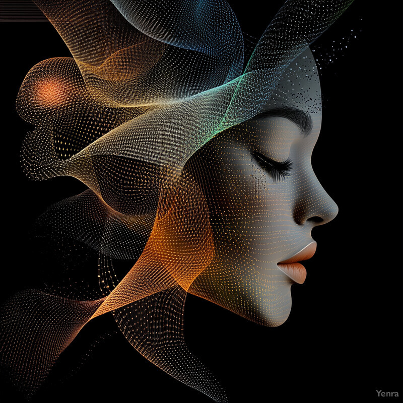 An abstract digital artwork featuring a stylized human face with intricate swirling patterns emanating from it.