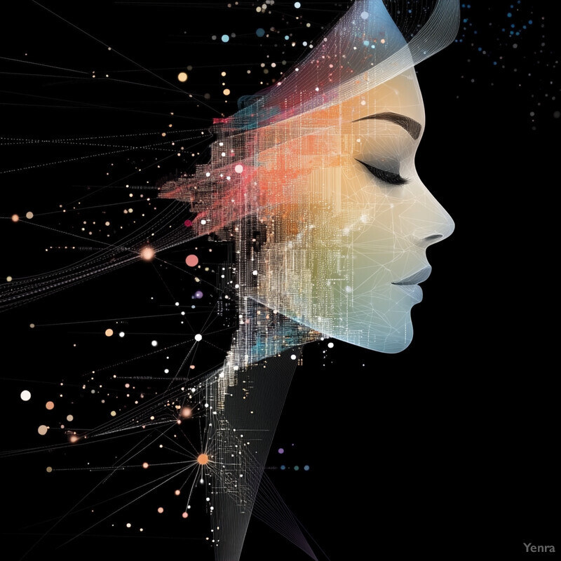 A futuristic and technological representation of a woman's face with a bold and geometric style.